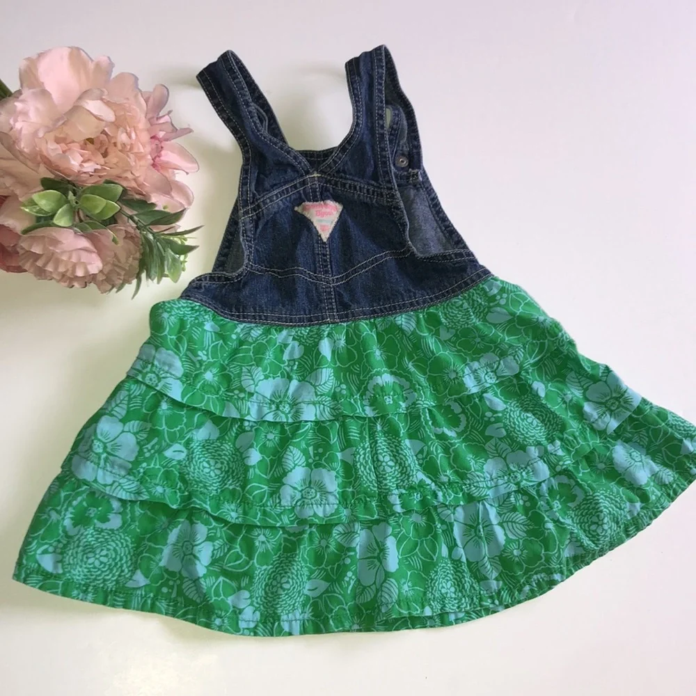 Oshkosh Denim Dress Hawaiian Girls Denim Overall Dress with Tropical Dress